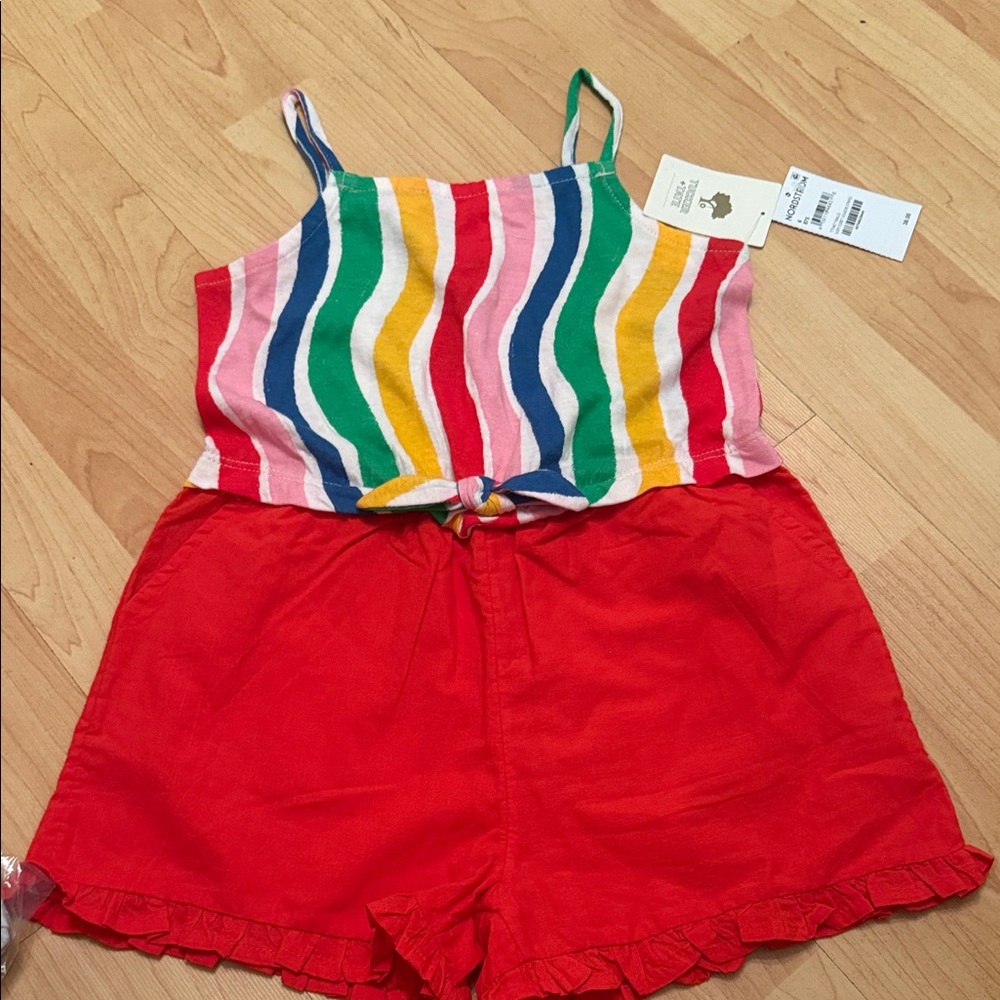 Tucker + Tate Rainbow Stripe Tank with Bright Red Shorts Romper Set